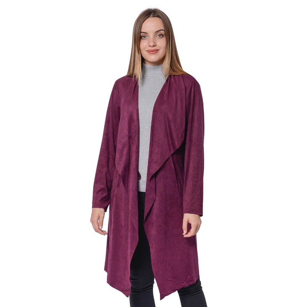 New Passage Plum Faux Suede Long Waterfall Open Front Cardigan P6757